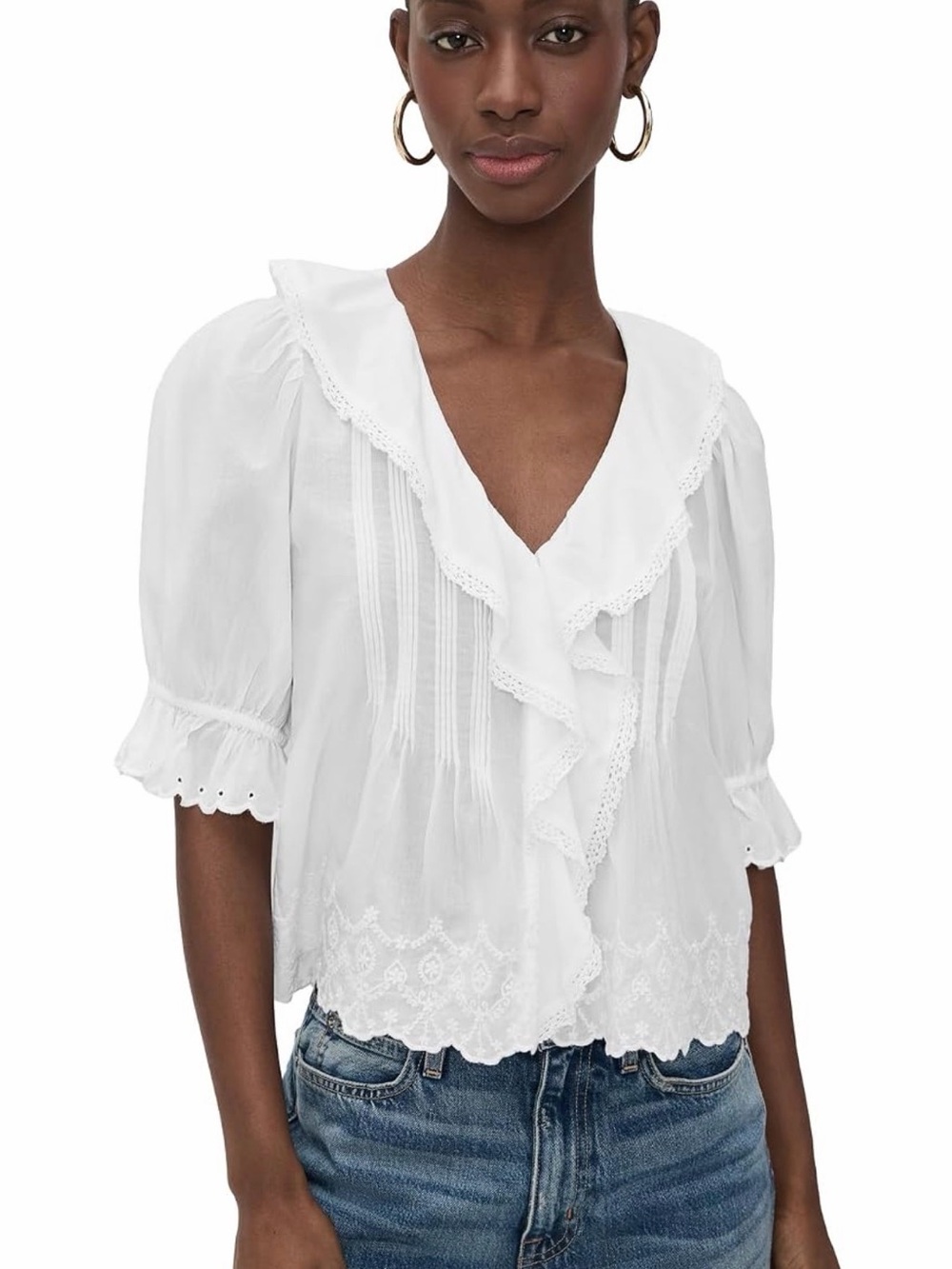 Madewell White Ruffle V-Neck Lace-Trim Blouse